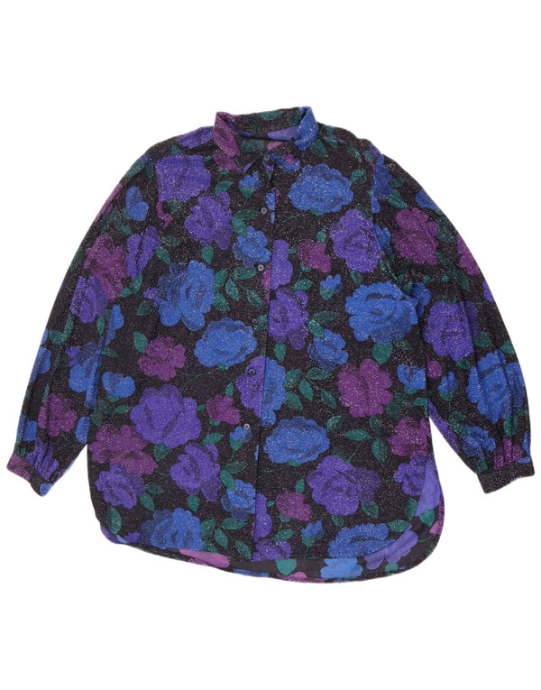 Damska bluzka koszulowa oversize w stylu vintage UK 16, duża niebieska w kwiaty