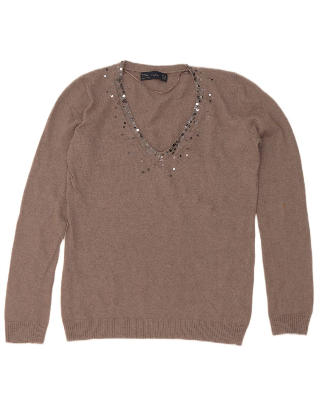 Sweter damski Zara z dekoltem w kształcie litery V, UK 14, średni brąz