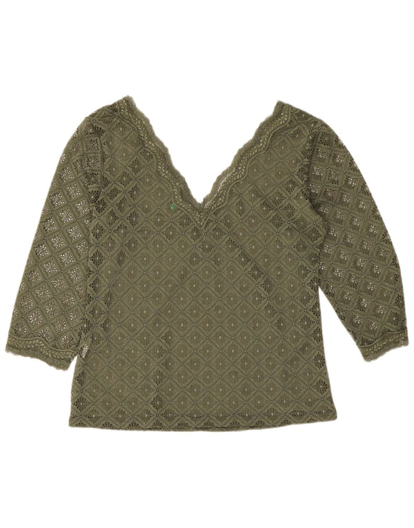 Damska koronkowa bluzka Benetton z rękawem 3/4, UK 12, średnia khaki, geometryczna