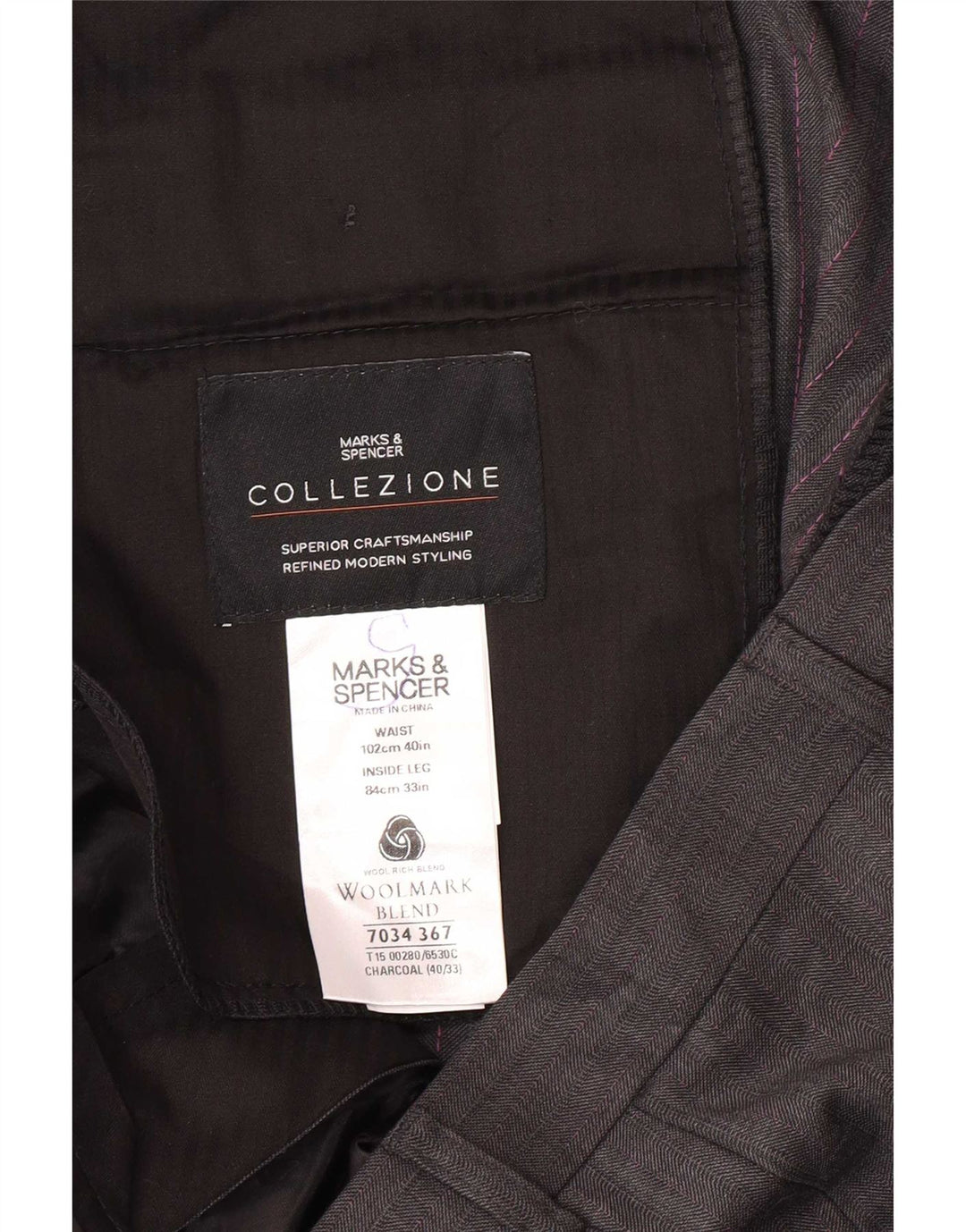 Marks & Spencer Męskie proste spodnie garniturowe W40 L33 Szara wełna