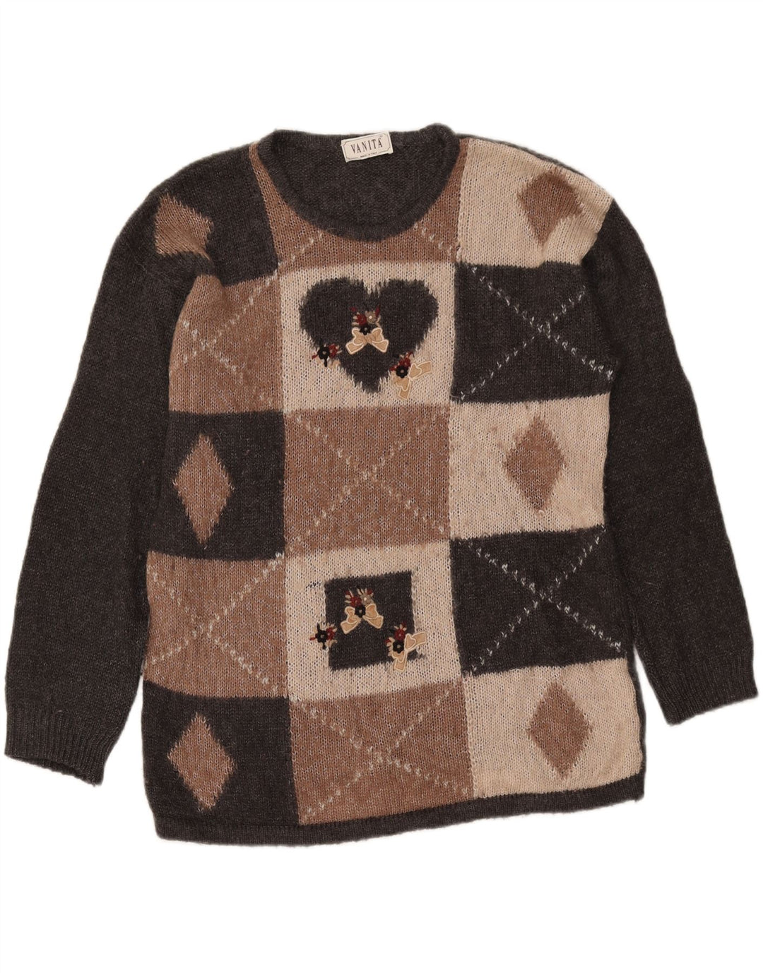 Sweter damski VINTAGE z dekoltem w łódkę UK 16, duży, szary, geometryczny