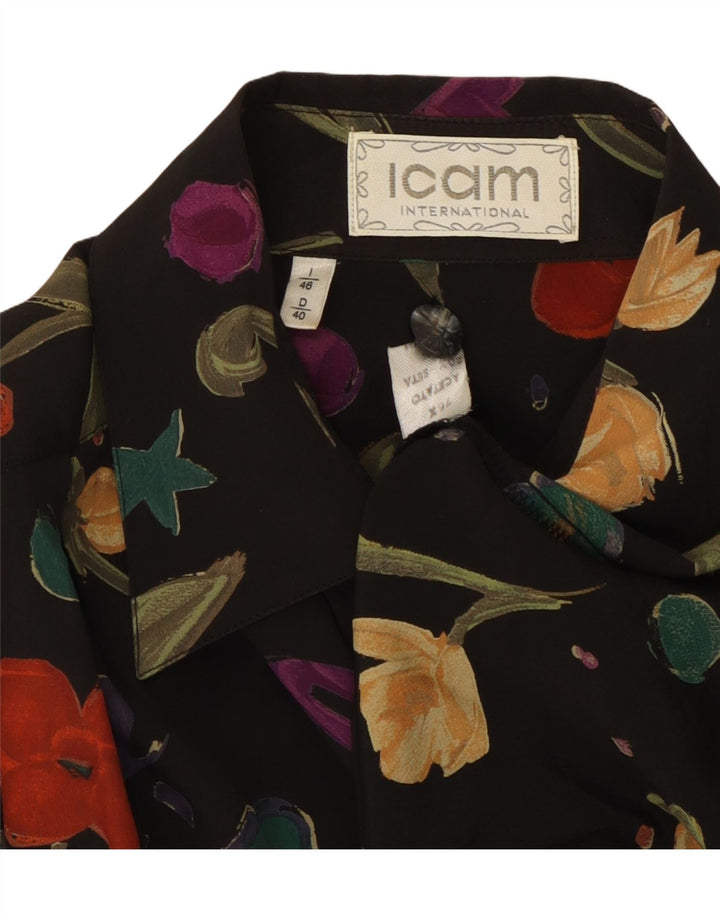 ICAM Womens Shirt Blouse IT 46 Large Black Floral Acetate