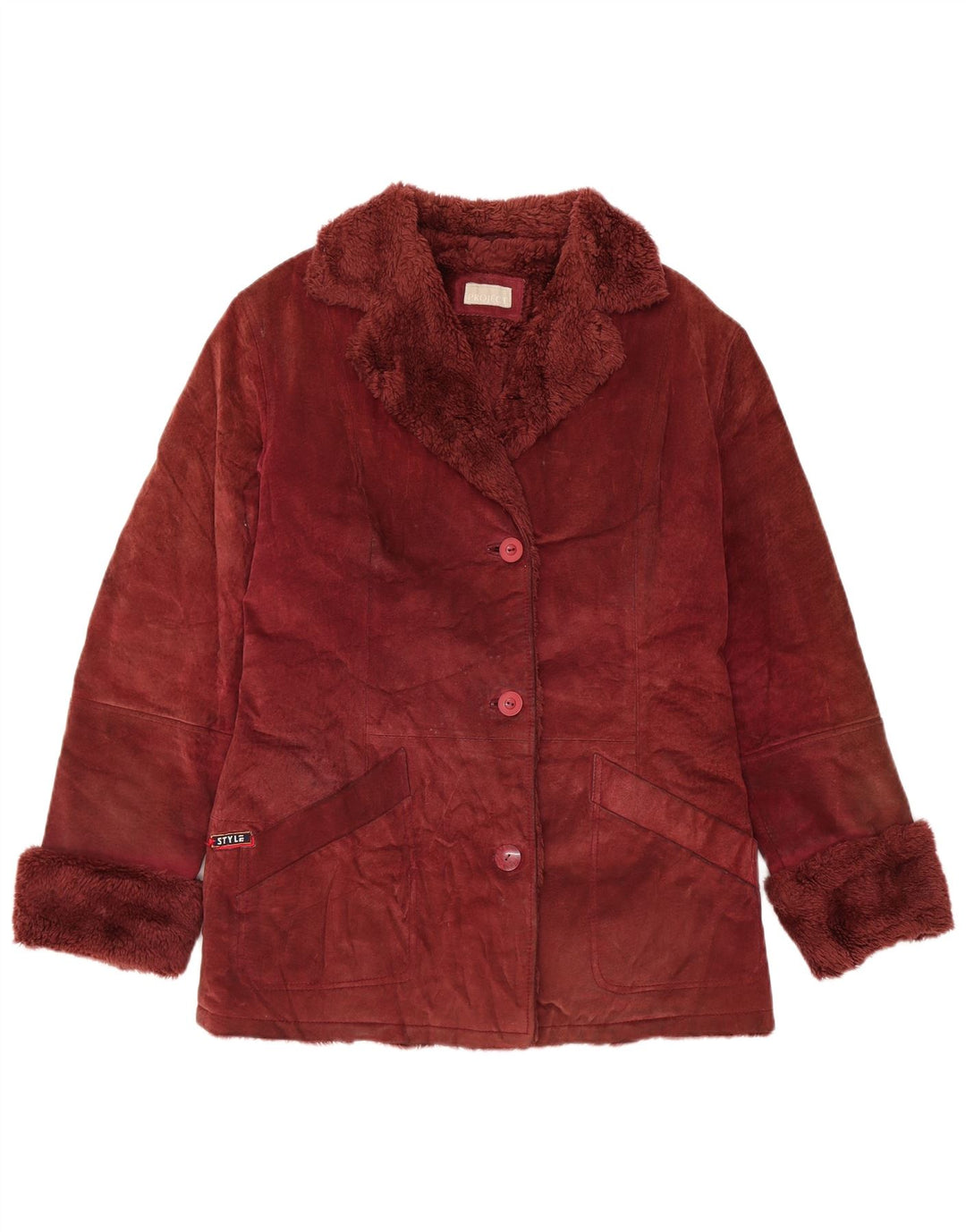 Damska kurtka zamszowa VINTAGE Sherpa UK 14, średnia, bordowa skóra