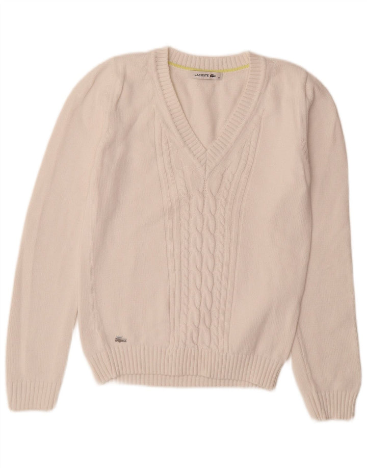Lacoste Damski sweter z dekoltem w kształcie litery V, rozmiar 36, mały, biały, bawełniany