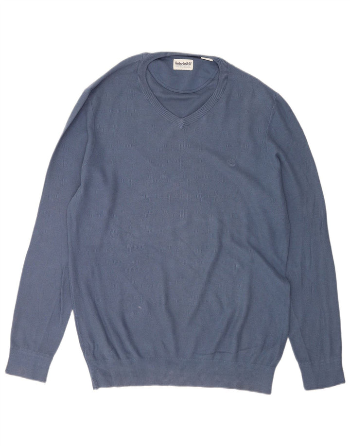 Męski sweter Timberland z dekoltem w kształcie litery V, duży, niebieski, bawełniany