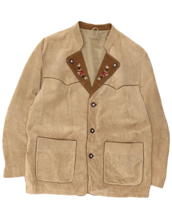 Vintage męska marynarka Trachten zapinana na 3 guziki zamszowa marynarka EU 54 2XL beżowy kwiatowy