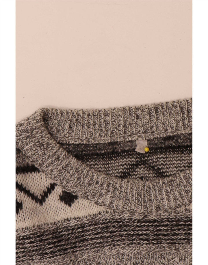 Vintage męski sweter z okrągłym dekoltem, średnioszary, geometryczny wełniany