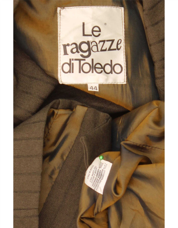Vintage damska marynarka zapinana na 3 guziki IT 44, średni khaki, poliester w paski