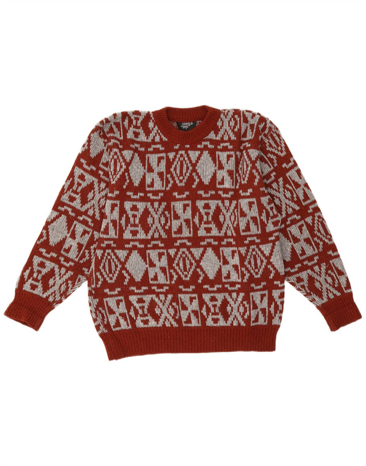 Vintage męski sweter z okrągłym dekoltem, średnio czerwony, geometryczny