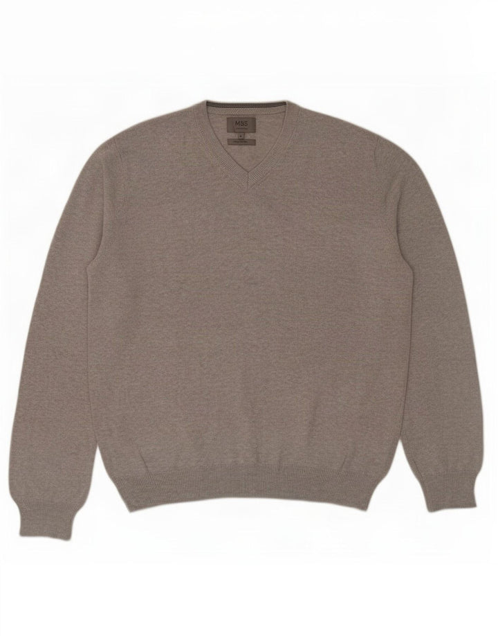 Marks & Spencer Męski sweter z dekoltem w kształcie litery V, duży, szary, bawełniany
