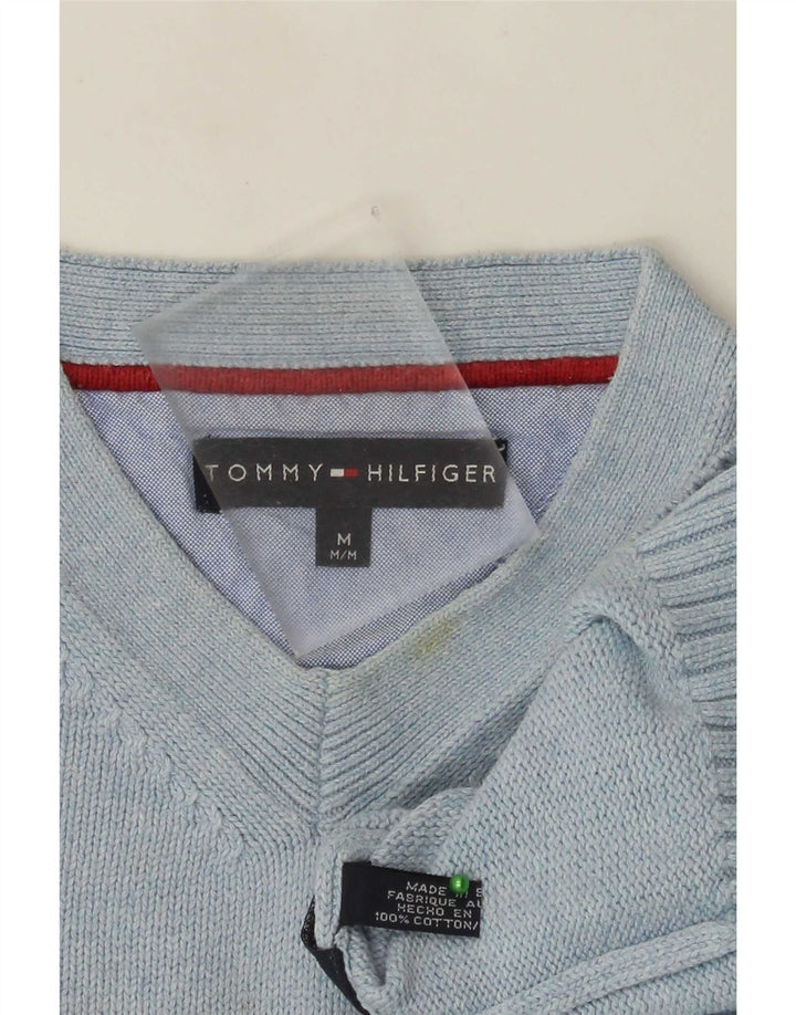 Męski sweter Tommy Hilfiger z dekoltem w kształcie litery V, średnioniebieski, bawełniany