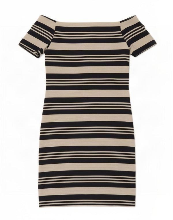 Topshop Womens Off Shoulder Dress UK 10 Small Navy Blue Striped Polyester