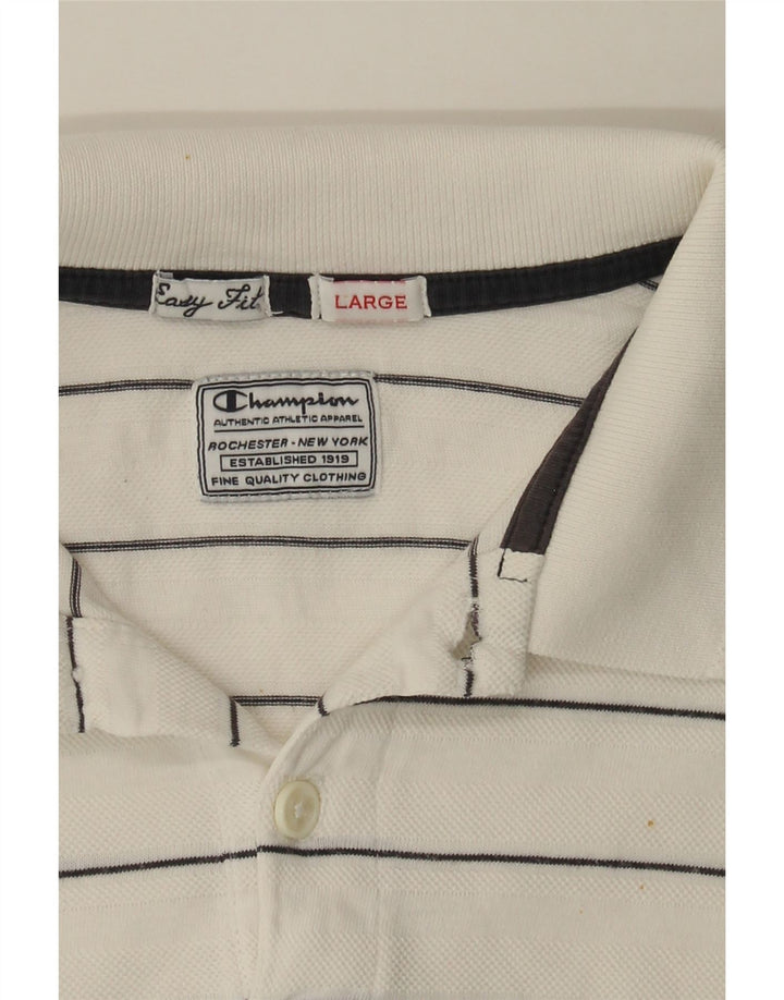 CHAMPION Mens Polo Shirt Large White Striped Vintage Champion and Second-Hand Champion from Messina Hembry 