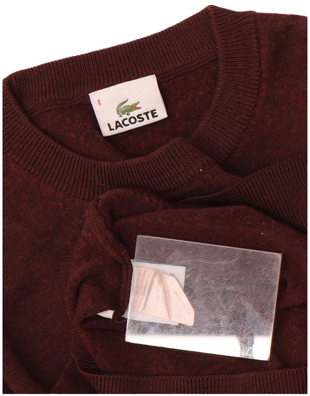 Męski sweter LACOSTE z okrągłym dekoltem, rozmiar 4, średni bordowy, wełniany plamki