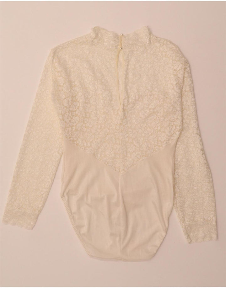 VINTAGE Womens Long Sleeve Bodysuit UK 12 Medium Off White Floral