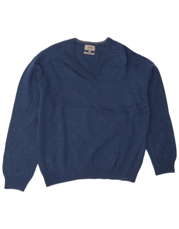 Marks & Spencer Męski sweter z dekoltem w kształcie litery V, XL, niebieska wełniana