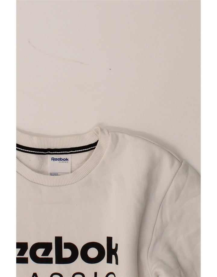 REEBOK Mens Graphic Sweatshirt Jumper Small White Vintage Reebok and Second-Hand Reebok from Messina Hembry 