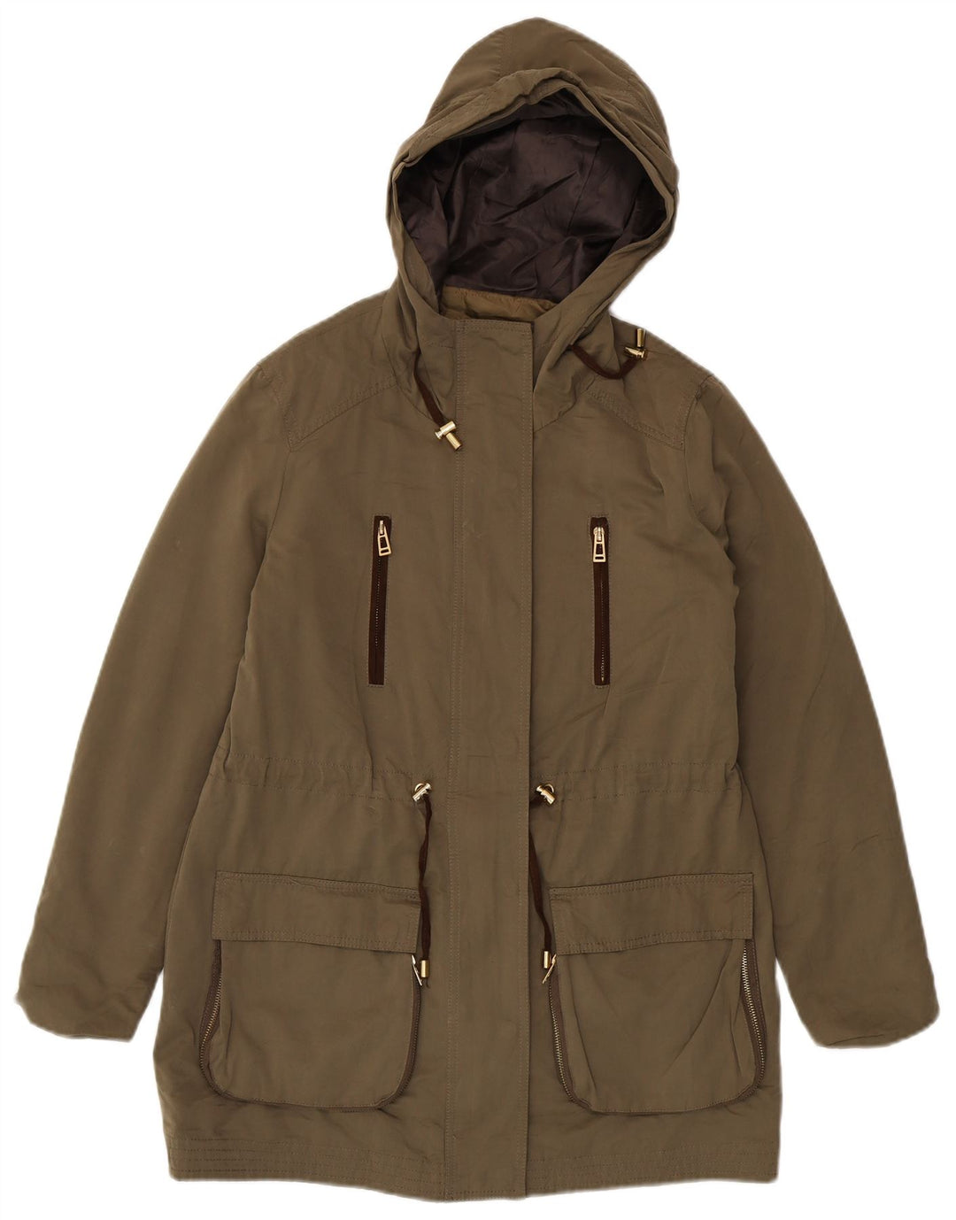 Damska kurtka parka z kapturem Zara UK 16, duża, khaki, poliester