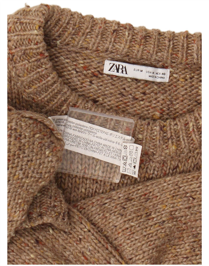 Damski sweter Zara z okrągłym dekoltem UK 14, średni brązowy poliester z plamkami