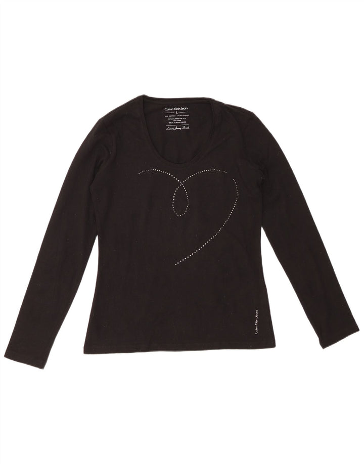 CALVIN KLEIN JEANS Damski top graficzny z długim rękawem, UK 14, duży, czarny, bawełniany