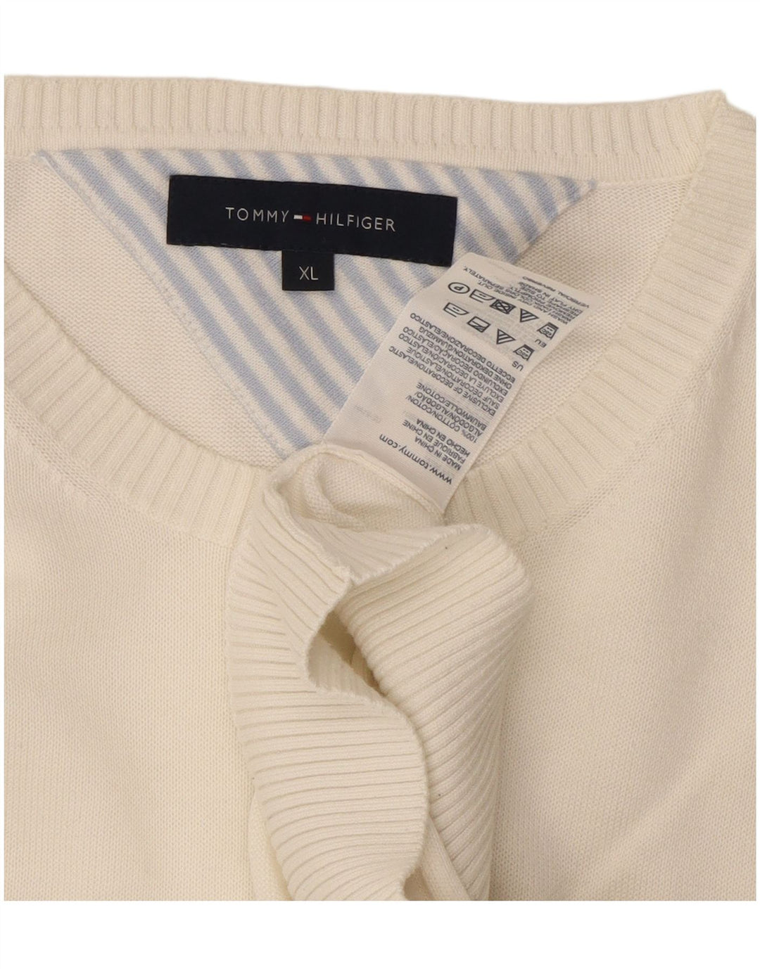 Tommy Hilfiger Męski sweter z dekoltem w kształcie litery V XL, biały, bawełniany klasyk