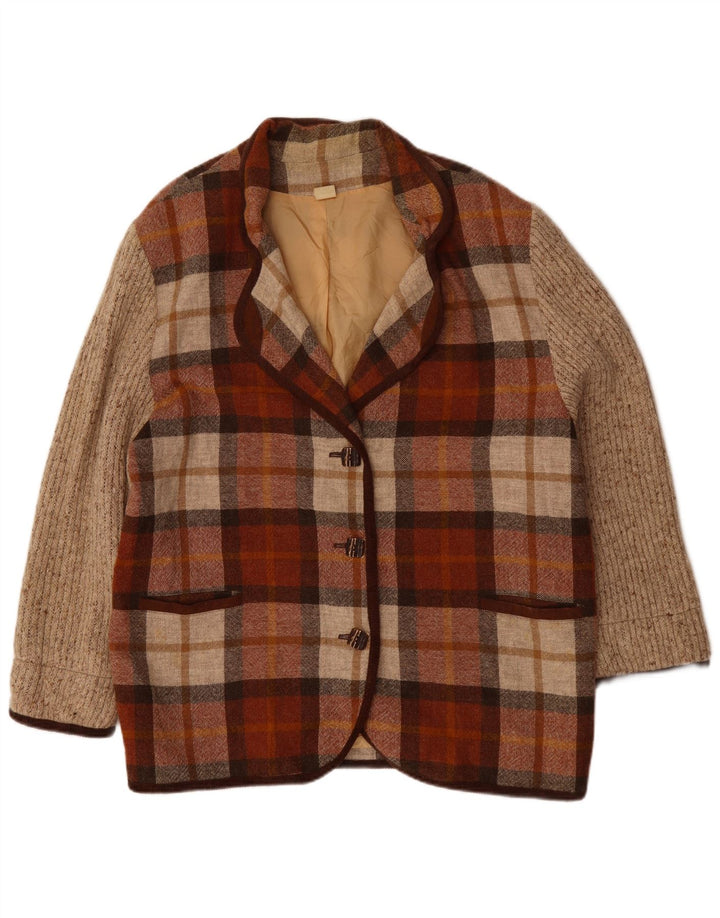 Vintage damska marynarka zapinana na 3 guziki UK 20 2XL Burgundowa kratka poliakrylowa