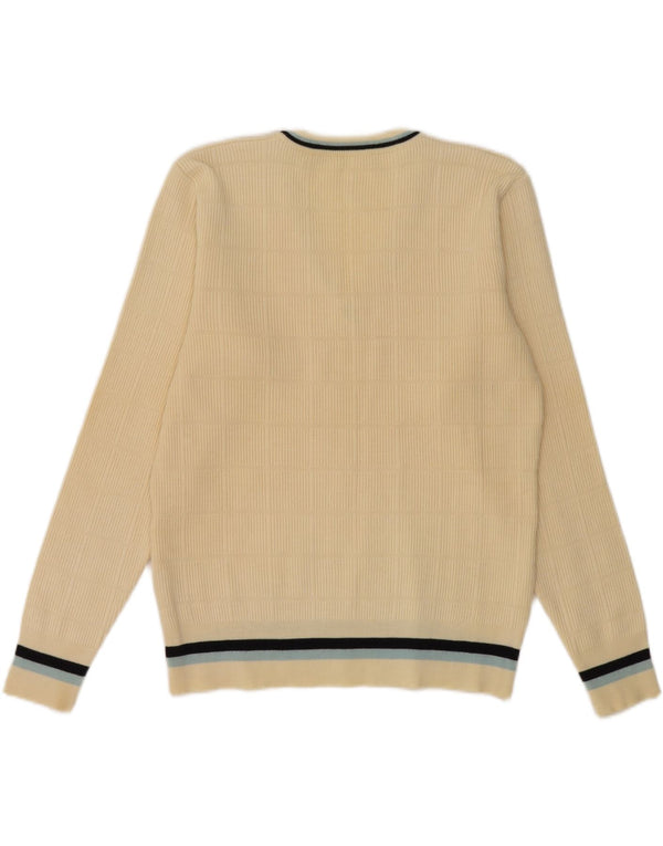 Sweter męski w stylu vintage z dekoltem w szpic UK 36, mała wełniana w kolorze złamanej bieli