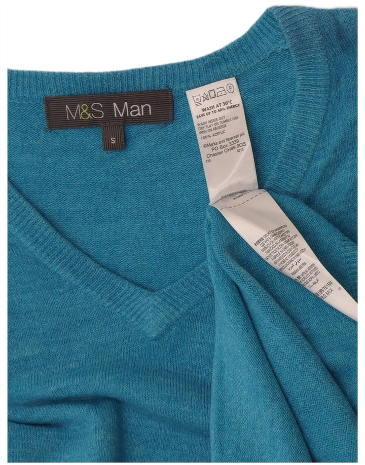 Marks & Spencer Męski sweter z dekoltem w kształcie litery V, mały, turkusowy, nakrapiany