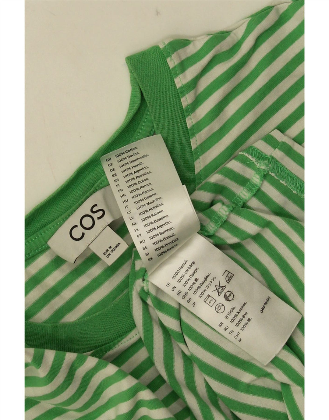 Cos Męski T-shirt Top, bawełniany, w średnie zielone paski