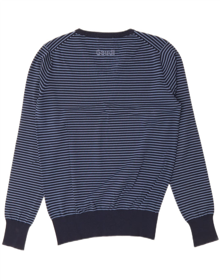 GAUDI Mens V-Neck Jumper Sweater Large Navy Blue Striped Viscose