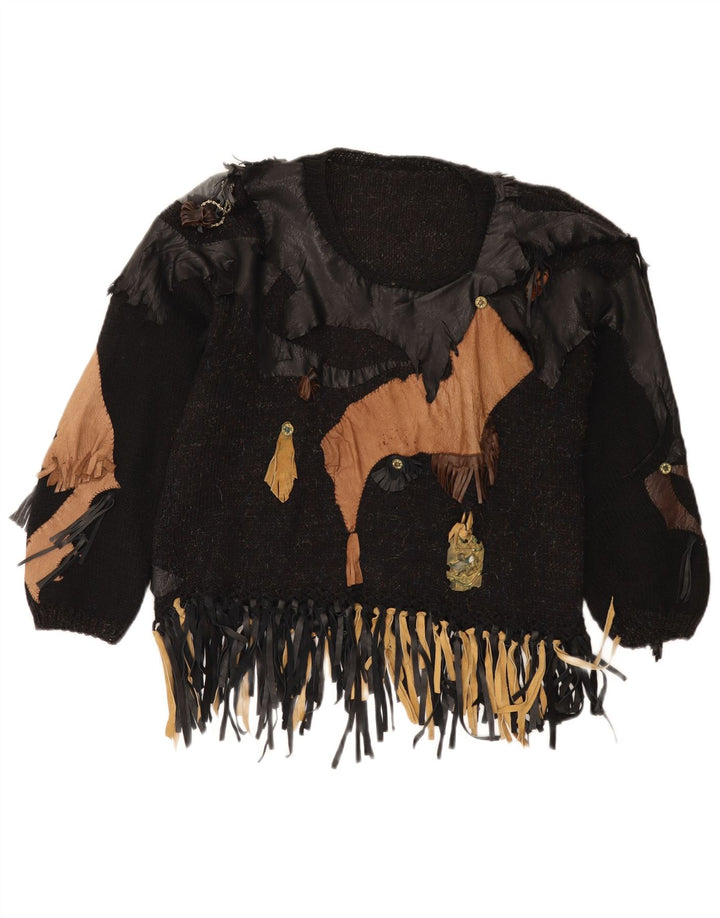 Sweter damski w stylu vintage z dekoltem w łódkę UK 14, średni czarny patchwork