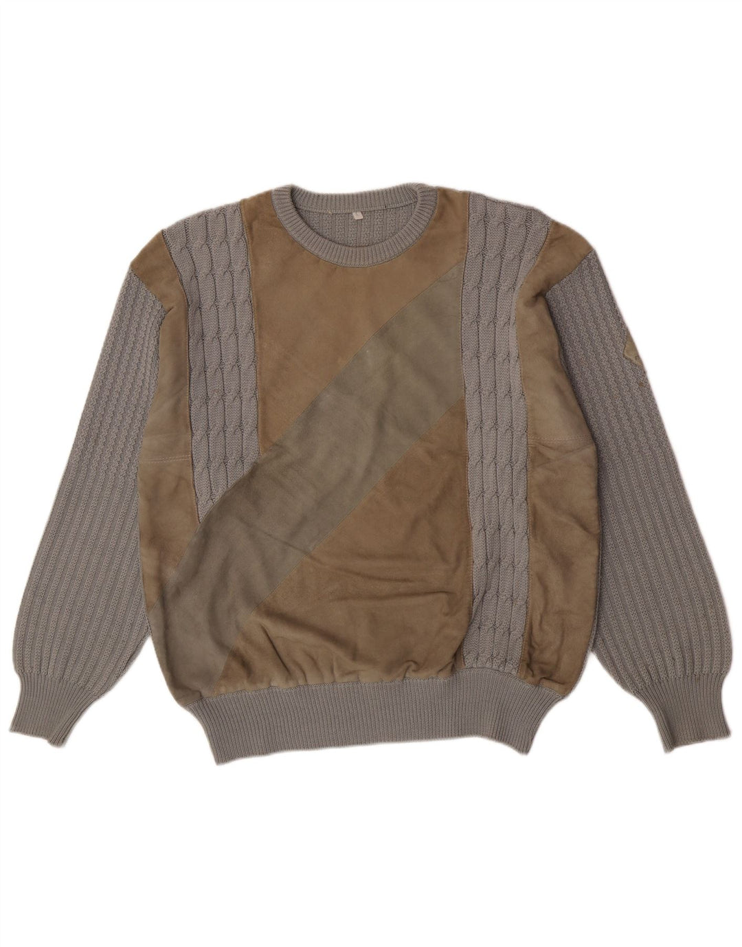 Vintage męski sweter z okrągłym dekoltem, duży, szary, wełniany blok kolorów