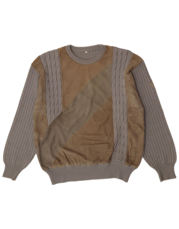 Vintage męski sweter z okrągłym dekoltem, duży, szary, wełniany blok kolorów