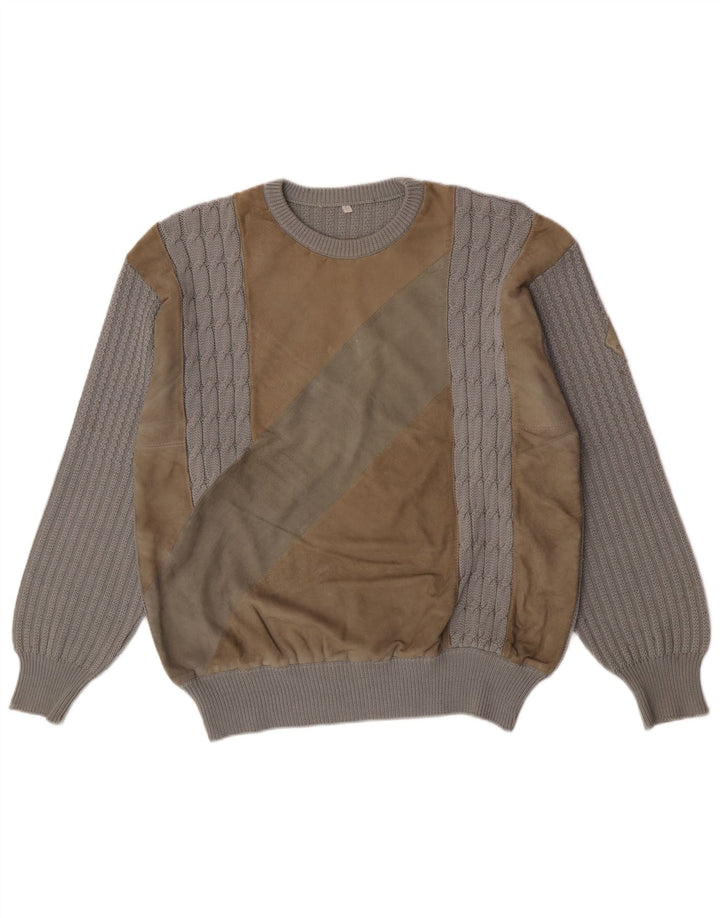 Vintage męski sweter z okrągłym dekoltem, duży, szary, wełniany blok kolorów
