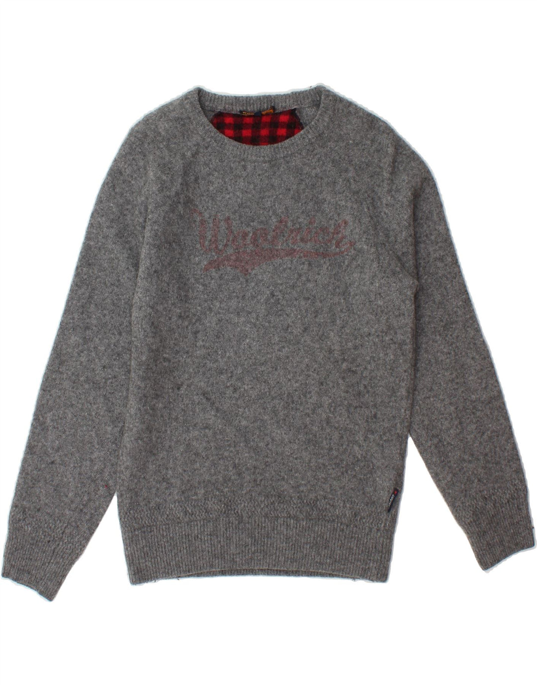 WOOLRICH Womens Graphic Crew Neck Jumper Sweater UK 10 Small Grey Wool Vintage Woolrich and Second-Hand Woolrich from Messina Hembry 