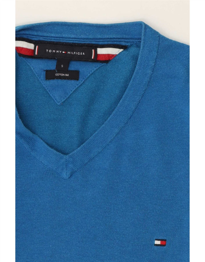 Męski sweter Tommy Hilfiger z dekoltem w kształcie litery V, mały, niebieski, bawełniany