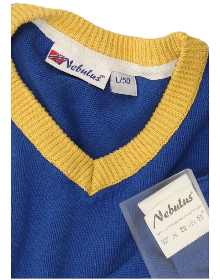 Męski sweter z graficznym dekoltem w serek NEBULUS, duży, niebieski, bawełniany