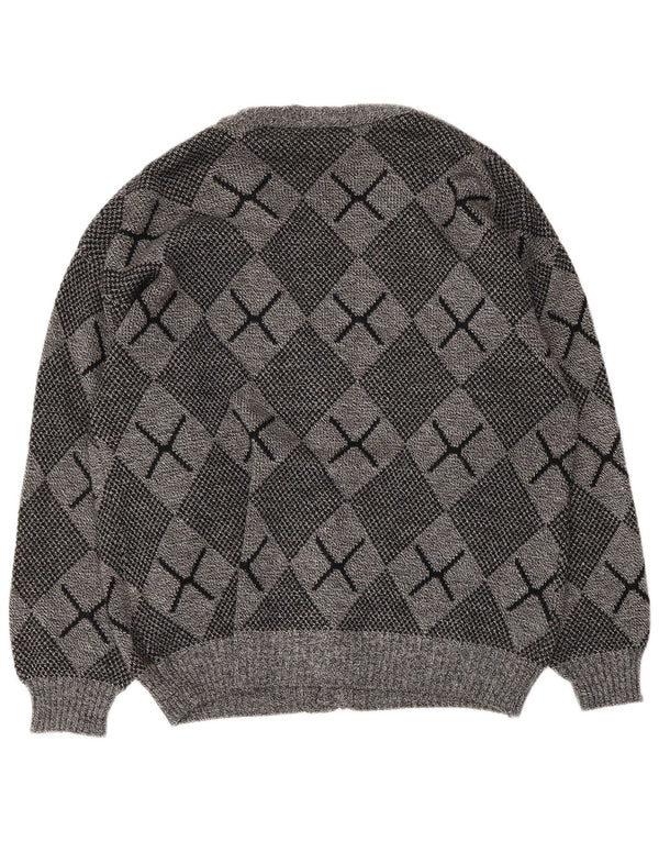 Vintage męski sweter rozpinany, duży, szary Argyle/diamentowy akryl