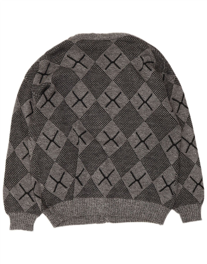 Vintage męski sweter rozpinany, duży, szary Argyle/diamentowy akryl