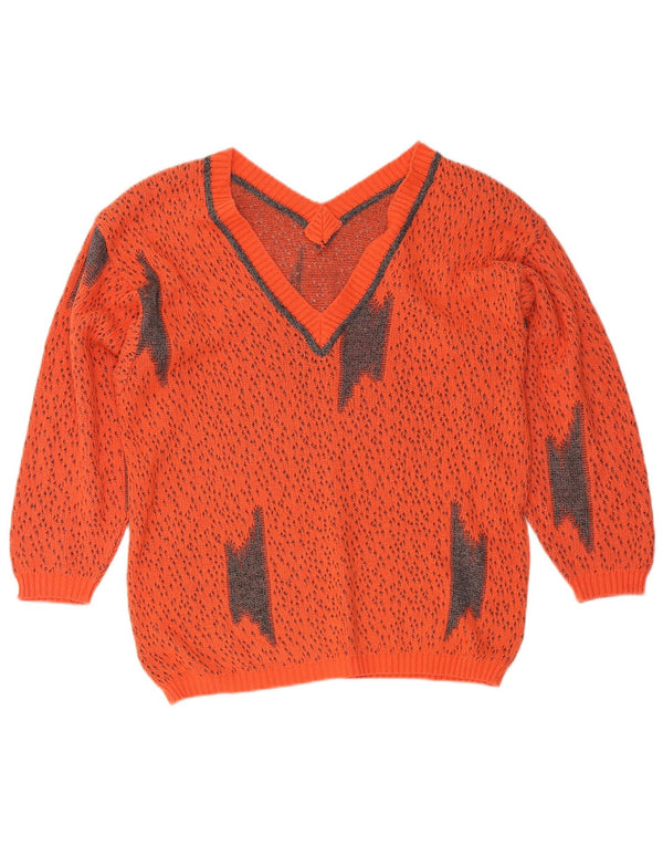 Sweter damski w stylu vintage z dekoltem w kształcie litery V, UK 16, duży, pomarańczowy, nakrapiany