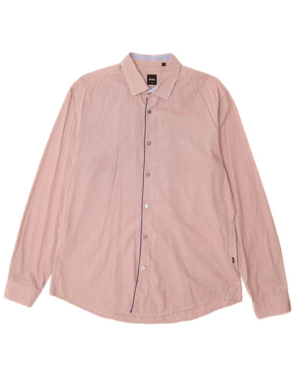 Hugo Boss Mens Checked  Slim Fit Shirt Large Orange Houndstooth Cotton