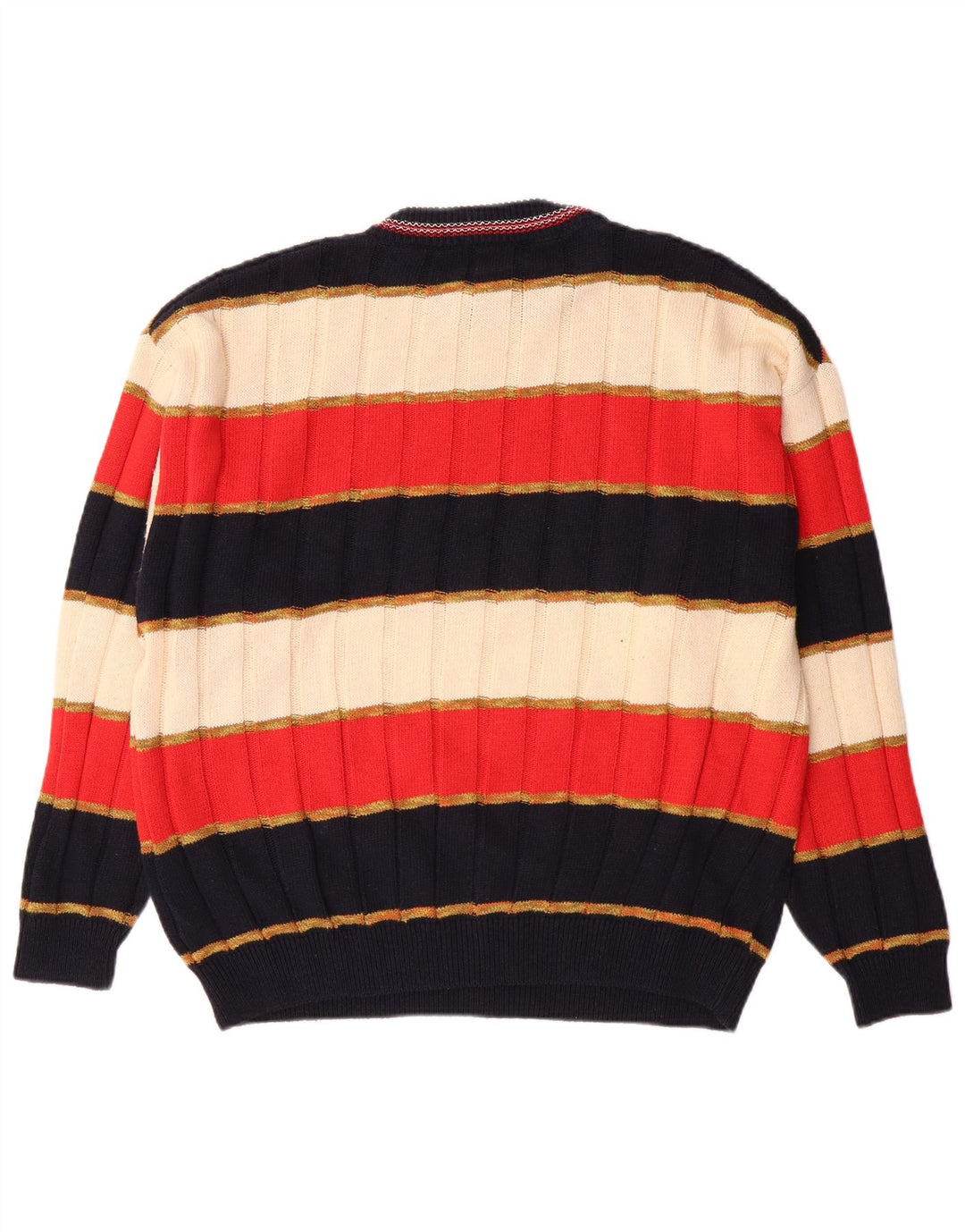 Vintage męski sweter z wycięciem pod szyją, duży, wielokolorowy, bawełniany w paski