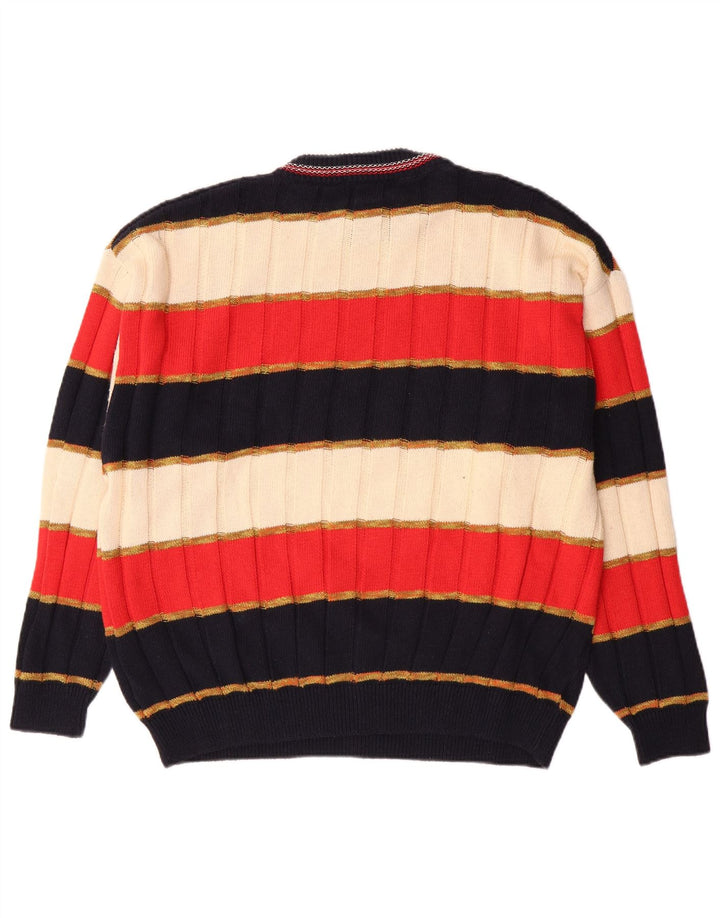 Vintage męski sweter z wycięciem pod szyją, duży, wielokolorowy, bawełniany w paski
