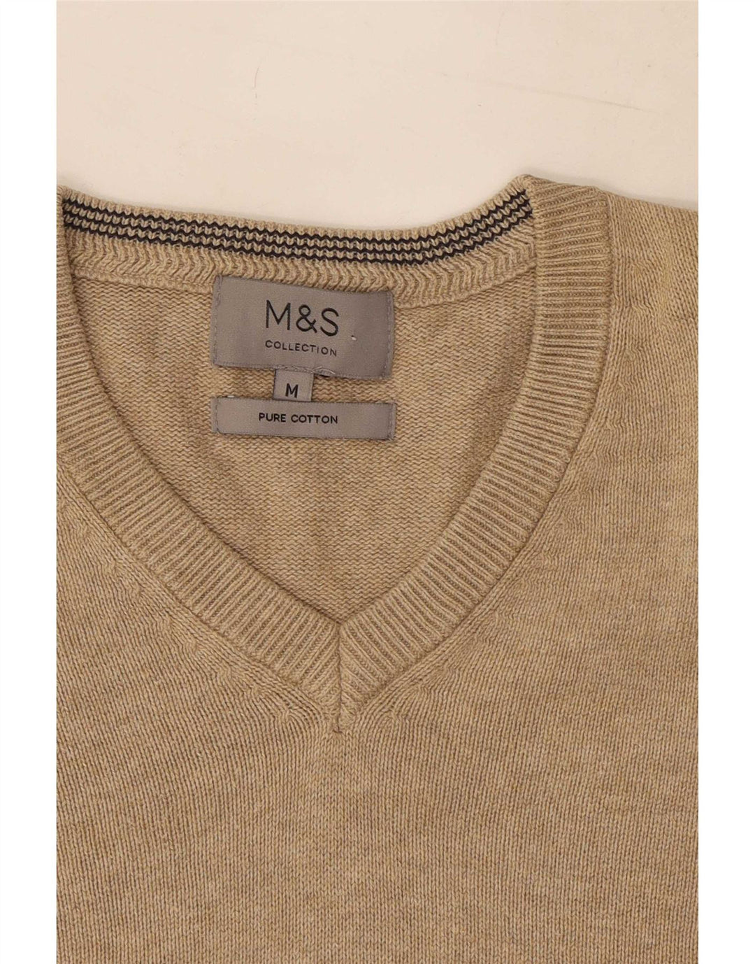 Marks & Spencer Męski sweter z dekoltem w kształcie litery V, średnio beżowy, bawełniany