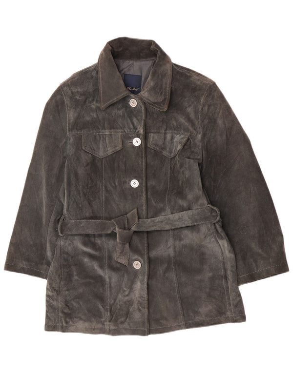 Vintage damska zamszowa kurtka UK 14, średnia szara skóra