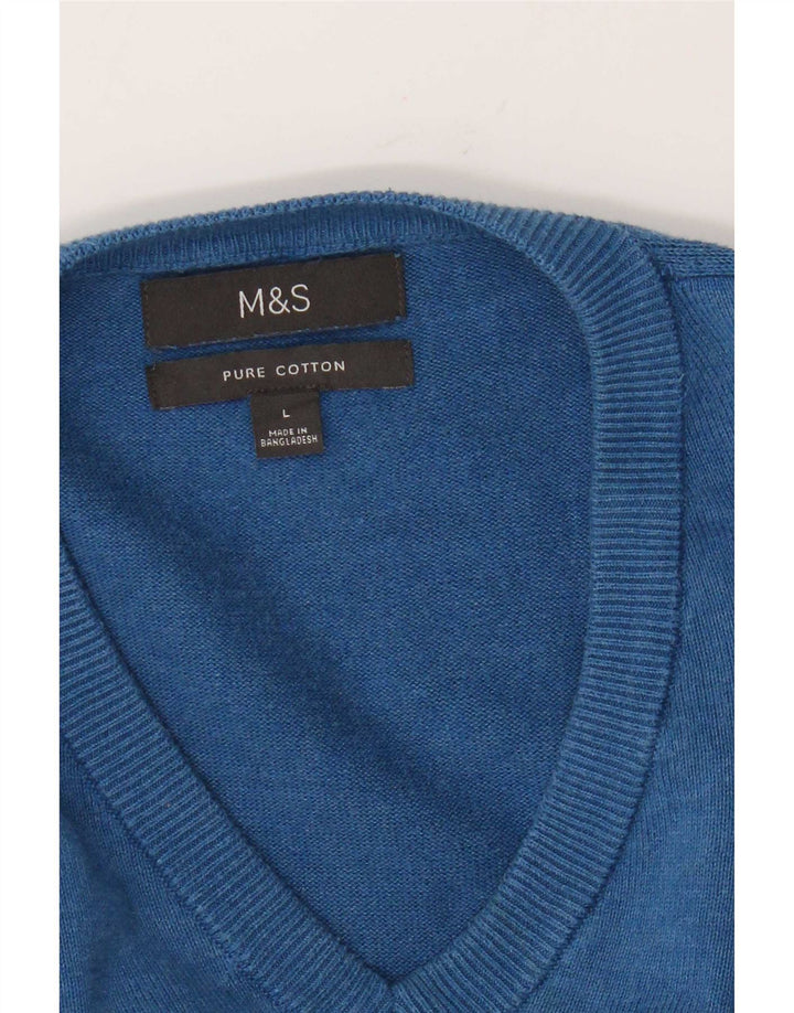 Marks & Spencer Męski sweter z dekoltem w kształcie litery V, duży, niebieski, bawełniany