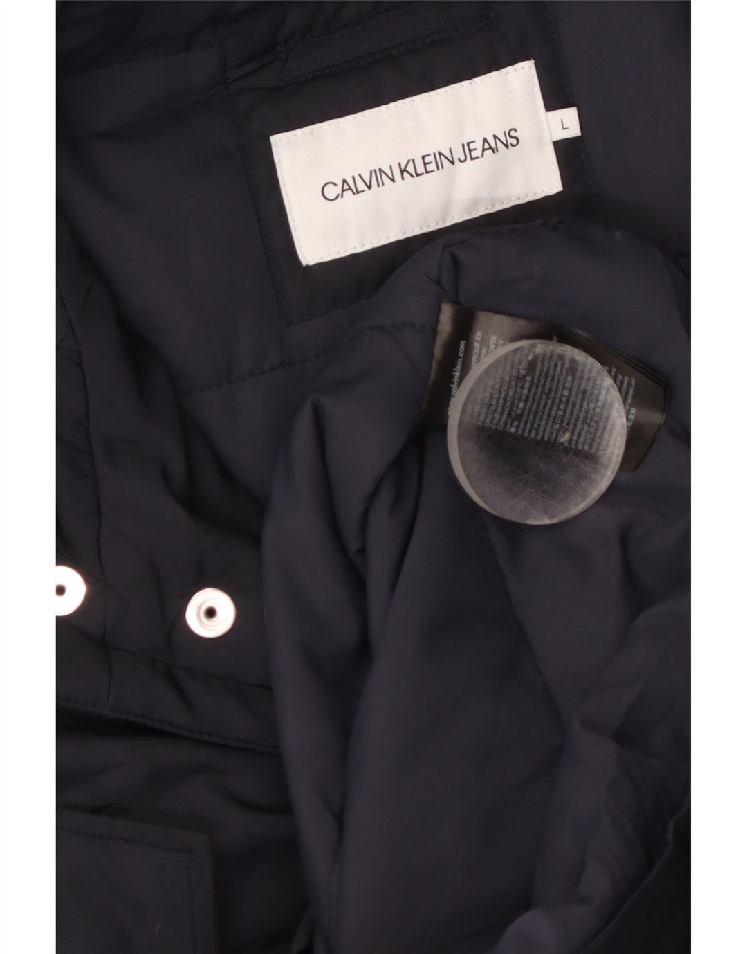 Męski ocieplany płaszcz z kapturem Calvin Klein Jeans UK 40, duży granatowy poliester