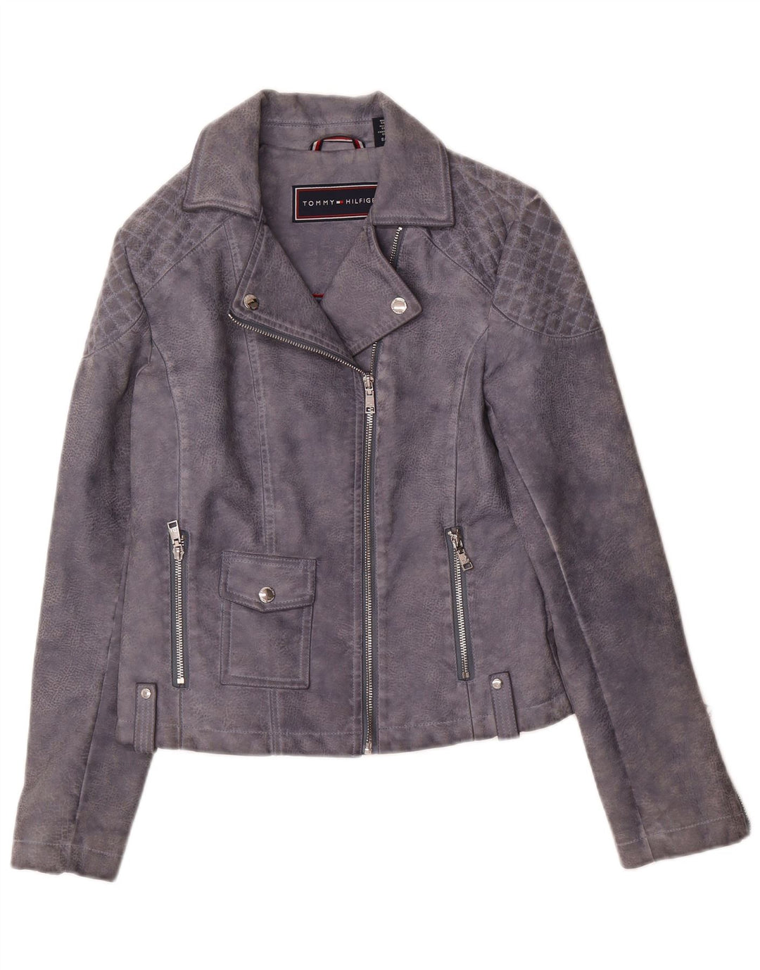 Damska kurtka motocyklowa ze sztucznej skóry Tommy Hilfiger UK 10, mała szara