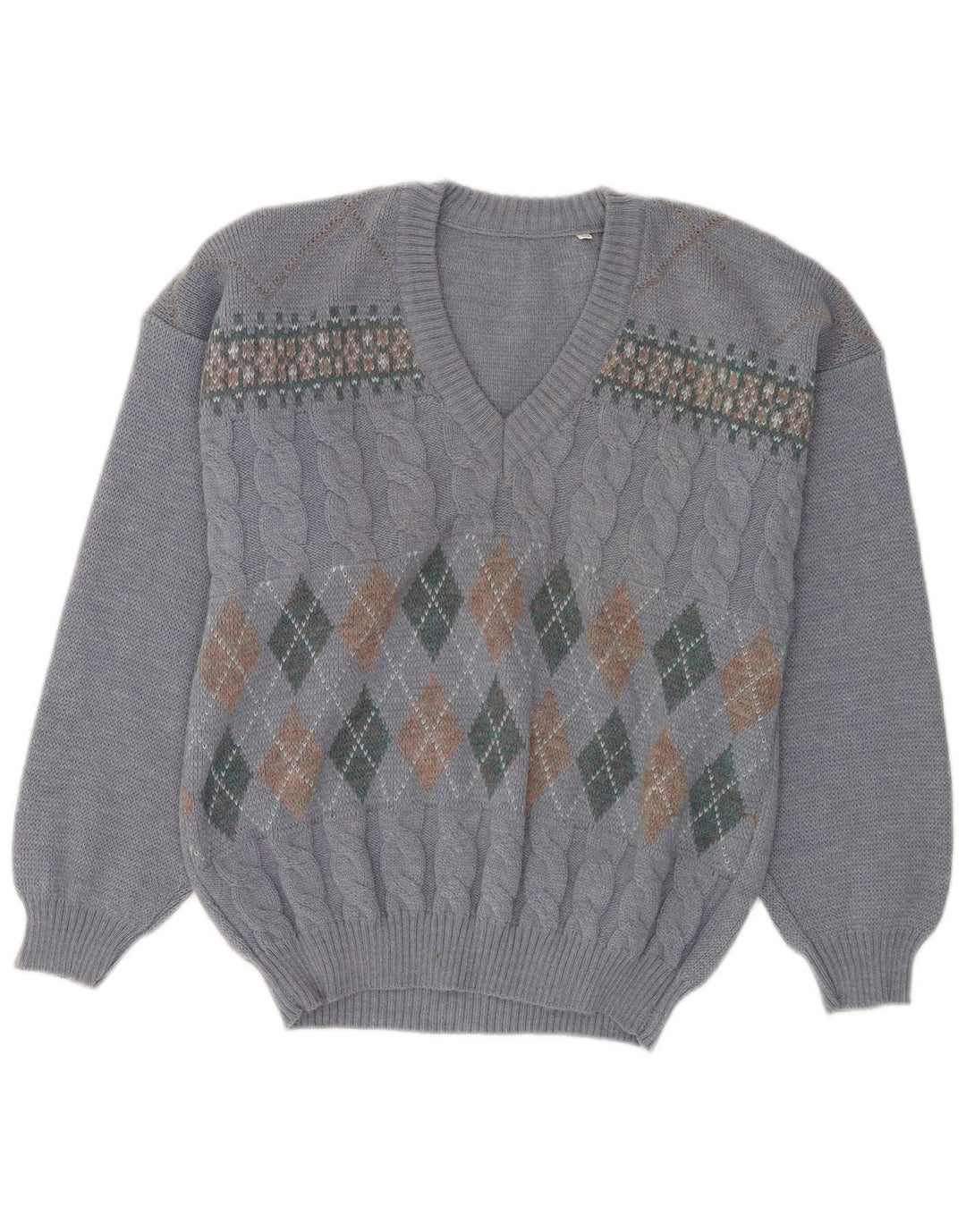 Męski sweter VINTAGE z dekoltem w szpic IT 50, średni niebieski Argyle/diamentowa wełna