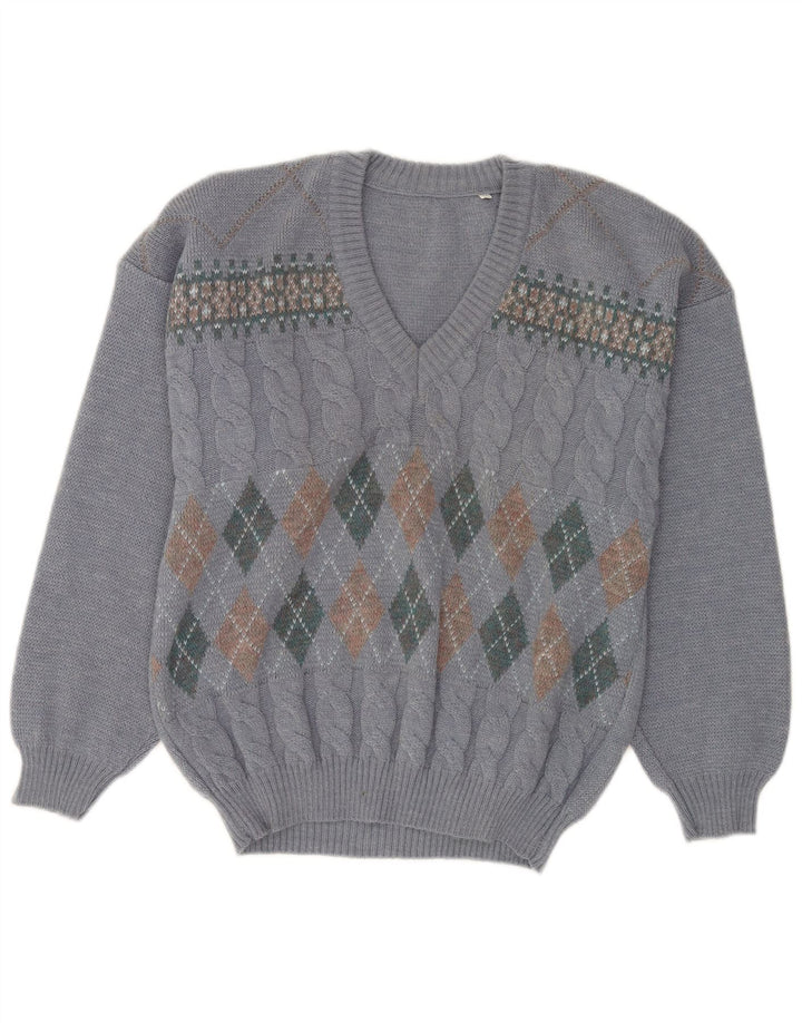 Męski sweter VINTAGE z dekoltem w szpic IT 50, średni niebieski Argyle/diamentowa wełna